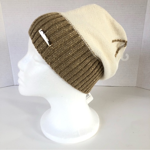 LAUNDRY BY SHELLI SEGAL Alpaca Wool Blend Ribbed Gold Shimmering Trim Beanie OS - Picture 1 of 14